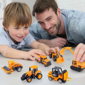 Diecast Construction Vehicle Set for Kids, Alloy Mini Model Construction Vehicle Dump Truck, Bulldozer, Roller, Tractor, Forklift, Excavator (6 Pack)