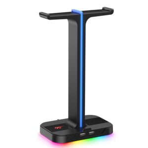 havit RGB Gaming Headphone Stand Desk Dual Headset Hanger Base with Phone Holder & 2 USB Ports for Desktop PC Game Earphone Accessories