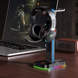 havit RGB Gaming Headphone Stand Desk Dual Headset Hanger Base with Phone Holder & 2 USB Ports for Desktop PC Game Earphone Accessories