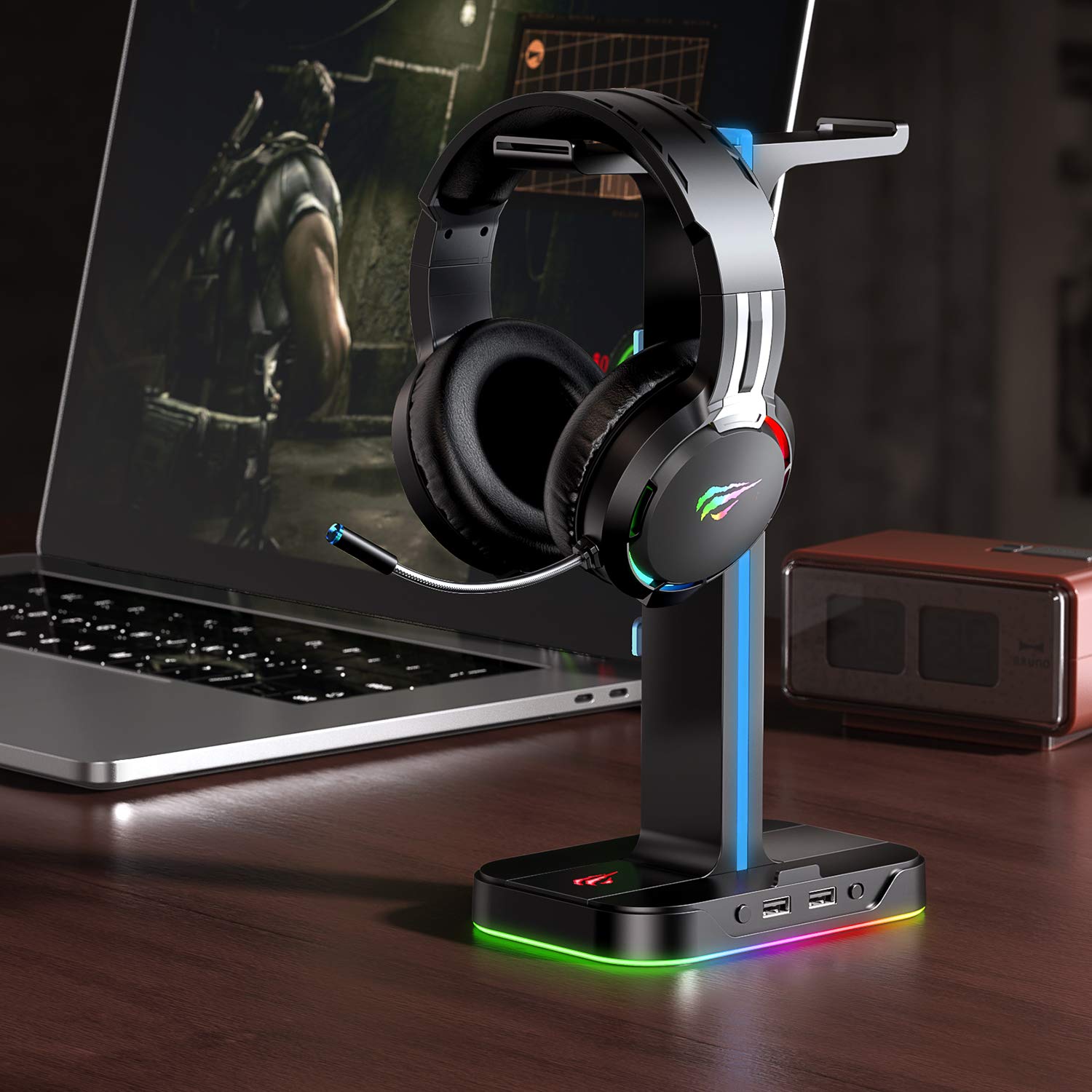 havit RGB Gaming Headphone Stand Desk Dual Headset Hanger Base with Phone Holder & 2 USB Ports for Desktop PC Game Earphone Accessories