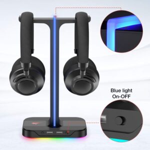 havit RGB Gaming Headphone Stand Desk Dual Headset Hanger Base with Phone Holder & 2 USB Ports for Desktop PC Game Earphone Accessories