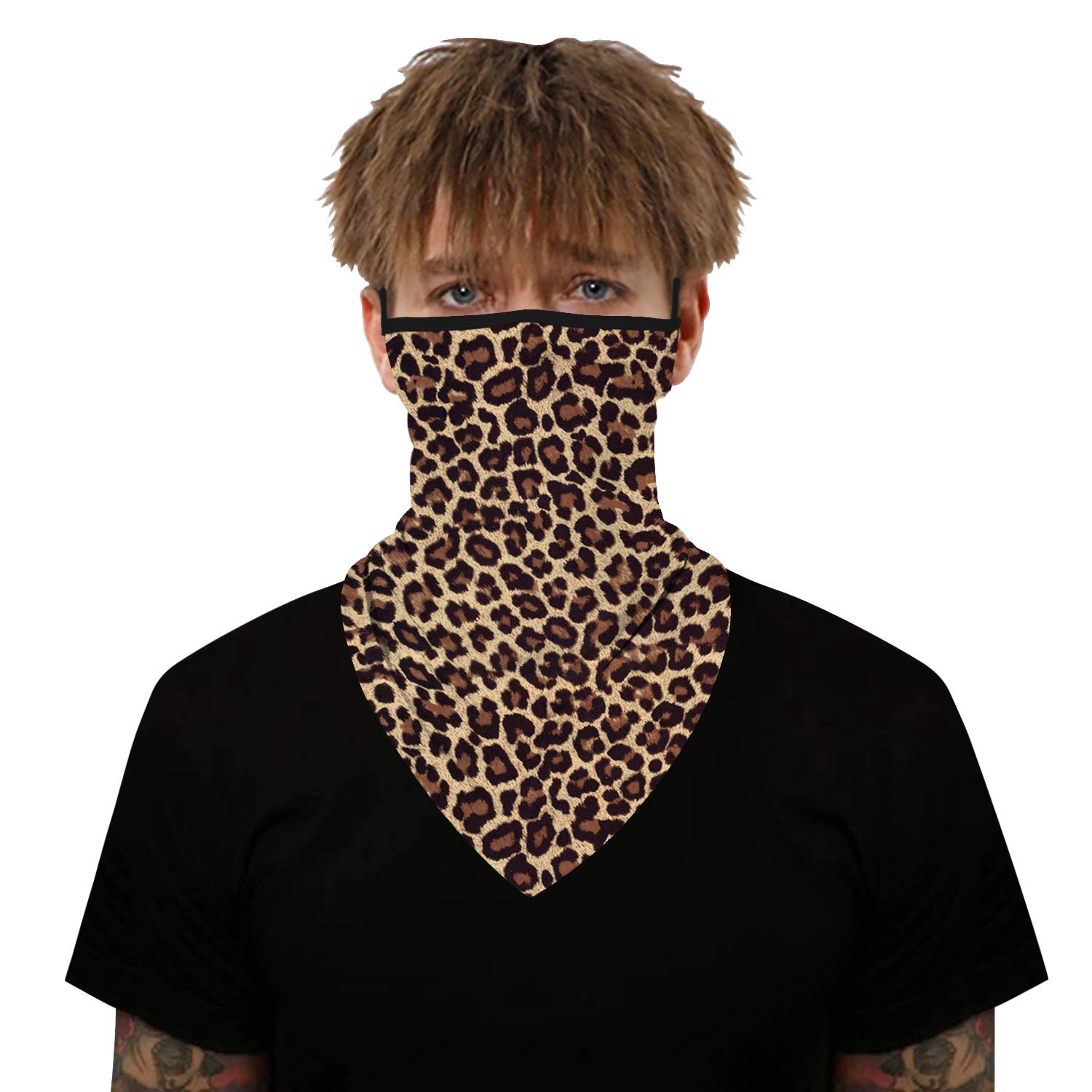 YAYOUREL Fashionable Leopard Neck Gaiter Face Mask Covering Bandanas for Men Women Summer UV Cooling Face Scarf Mask Cover Ear Loop Hole Triangle Facemask Headwear for Fishing Running Cycling Hiking