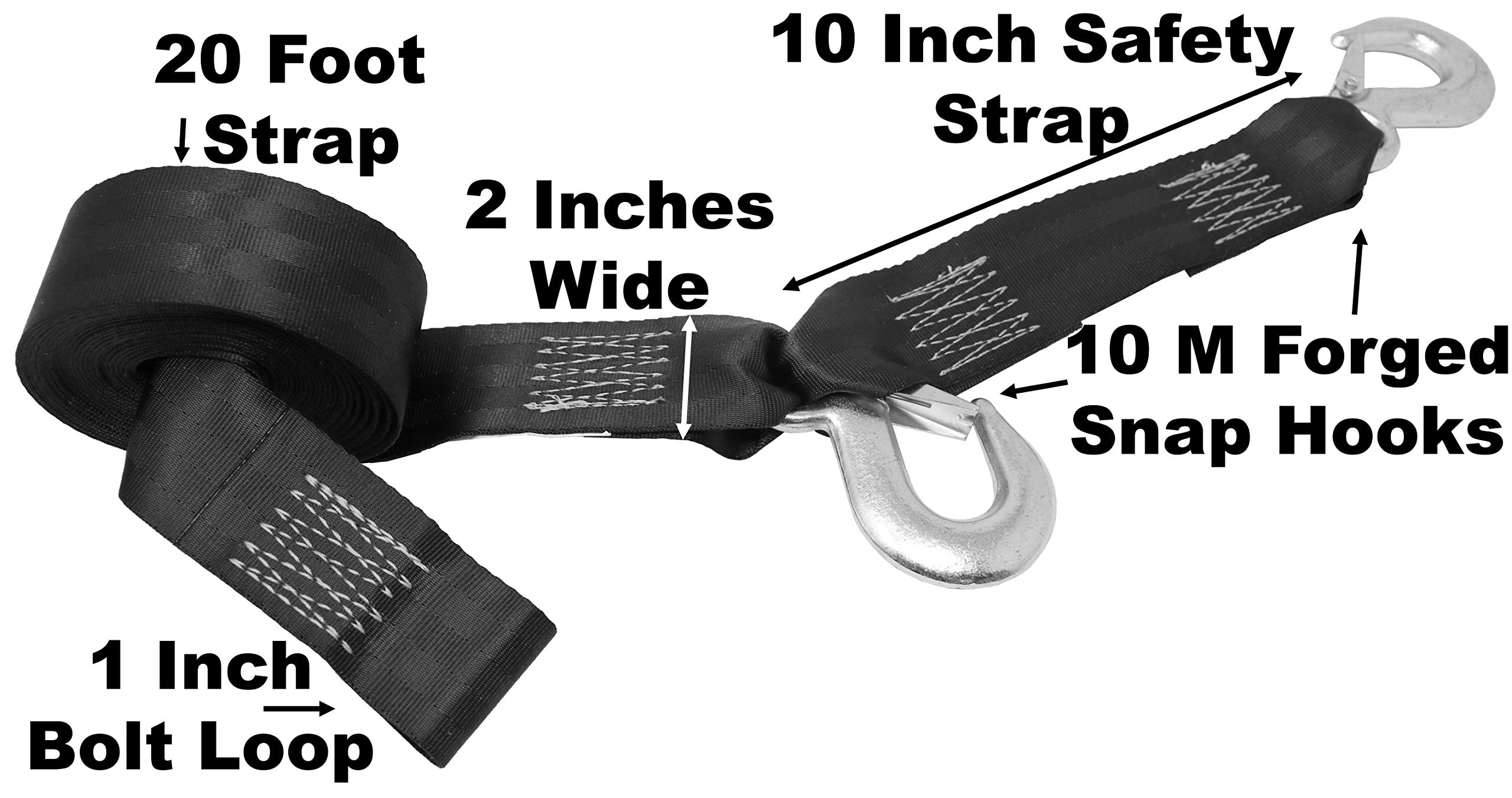 CustomTieDowns 2 Inch Wide Replacement Boat Winch Strap, Boat Hook On One End, 10 Inch Safety Strap with A Forged Snap Hook, 1 Inch Loop On Opposite End for Attachment to Winch, 1333 lb WLL (20 Feet.)