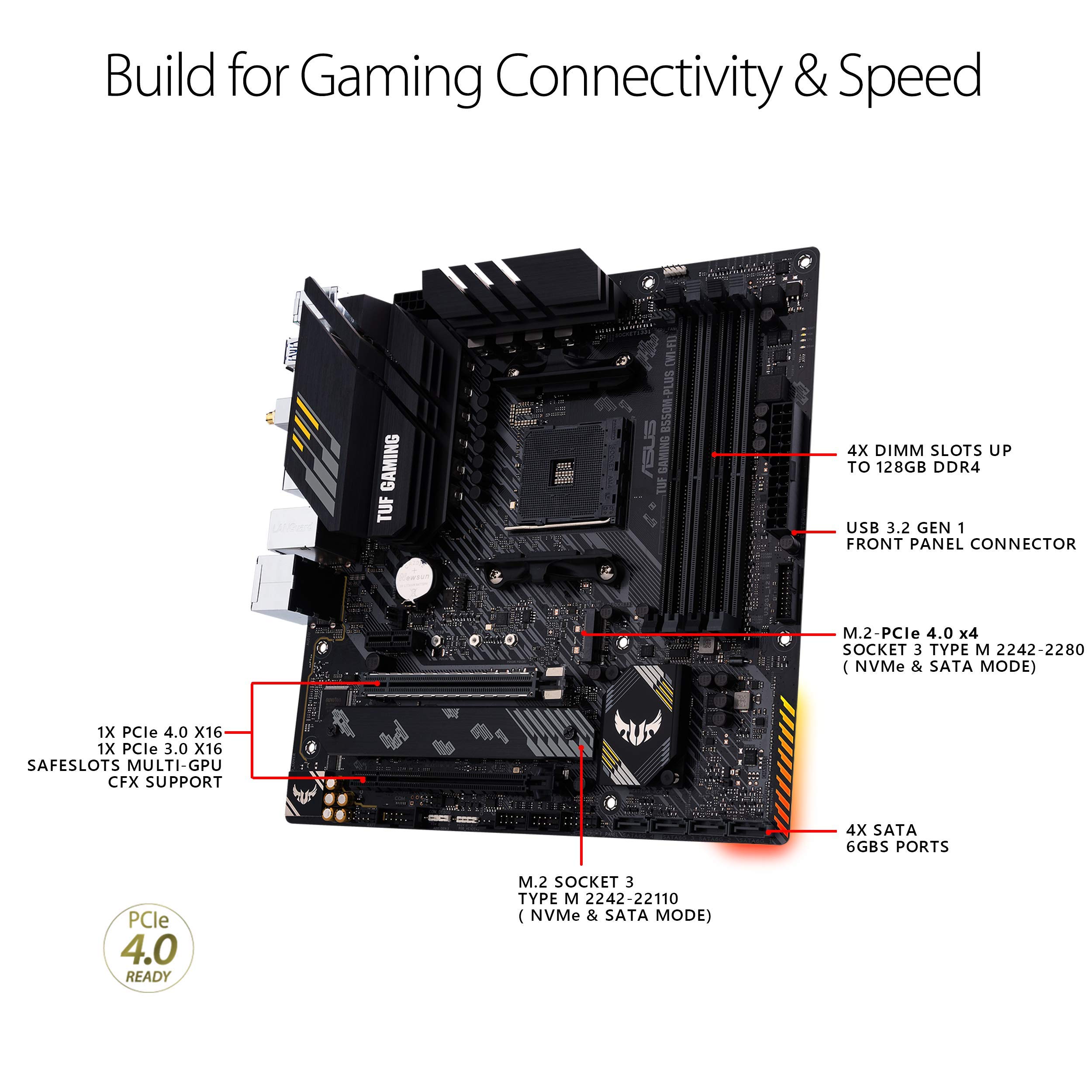 ASUS TUF Gaming B550M-PLUS (WiFi 6) AMD AM4 (3rd Gen Ryzen™) microATX Gaming Motherboard (PCIe 4.0, 2.5Gb LAN, BIOS Flashback, HDMI 2.1, USB 3.2 Gen 2, Addressable Gen 2 RGB Header and Aura Sync)