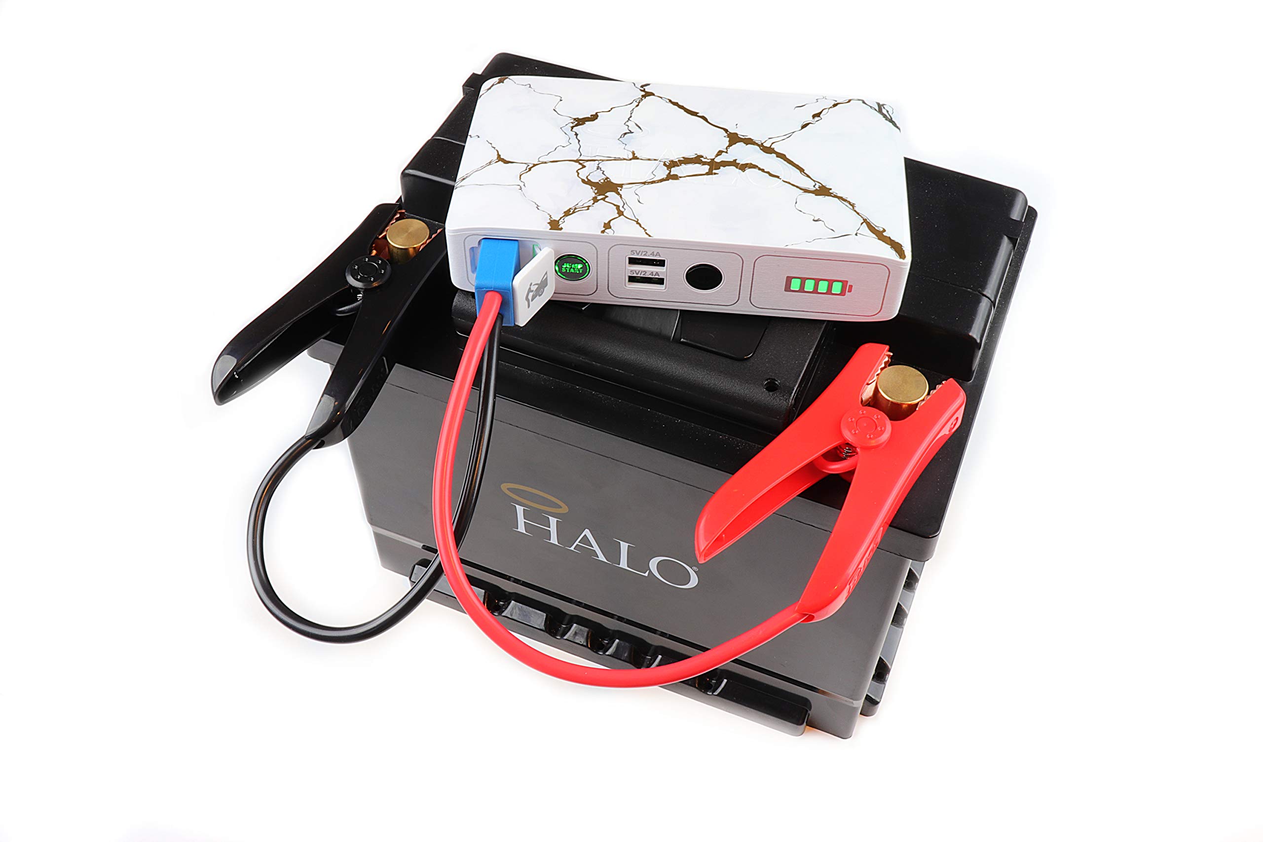 HALO Bolt Compact Portable Car Jump Starter - Car Battery Jump Starter with 2 USB Ports to Charger Devices, Portable Car Charger - Gold Marble