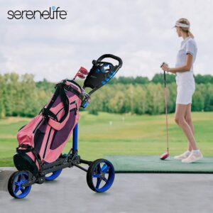 SereneLife 3 Wheel Golf Push Cart - Lightweight Folding Golf Walking Push Cart Roller Golf Bag Holder W/ Upper/Lower Bracket W/ Elastic Strap, Scorecard Storage Compartment - SLGCFLW