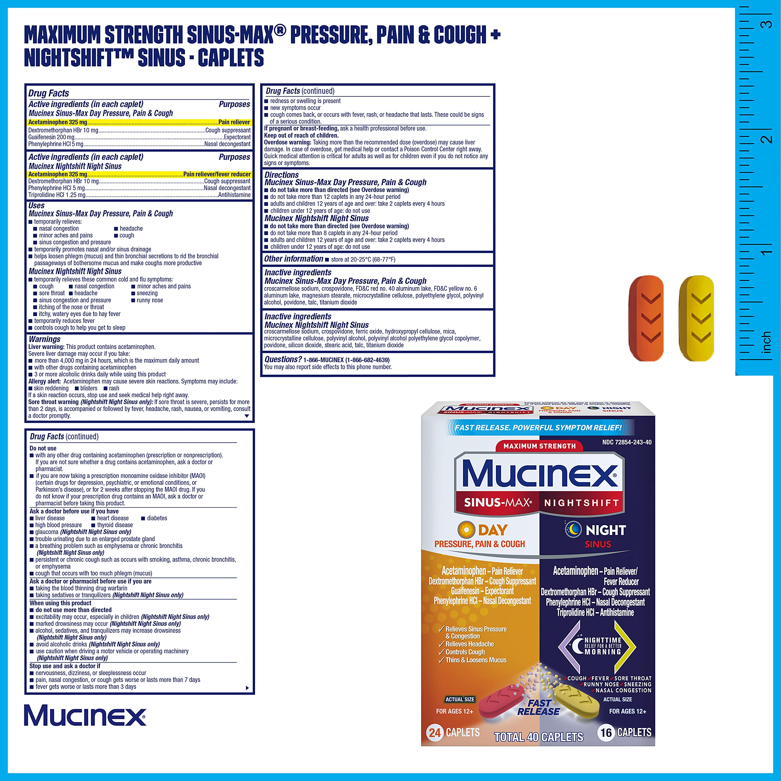 Mucinex Maximum Strength Sinus-Max (Day) Pressure, Pain & Cough & Nightshift (Night) Sinus Caplets, Fast Release, Powerful Multi-Symptom Relief, 40 caplets (24 Day time + 16 Night time) (Pack of 2)