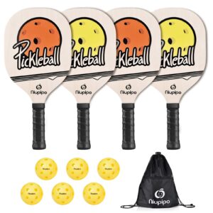 wood pickleball paddles 4 pack, wooden pickleball set with 1 carry bag and 6 balls, 7-ply basswood, pickleball rackets with ergonomic cushion grip, pickleball rackets, yellow and orange