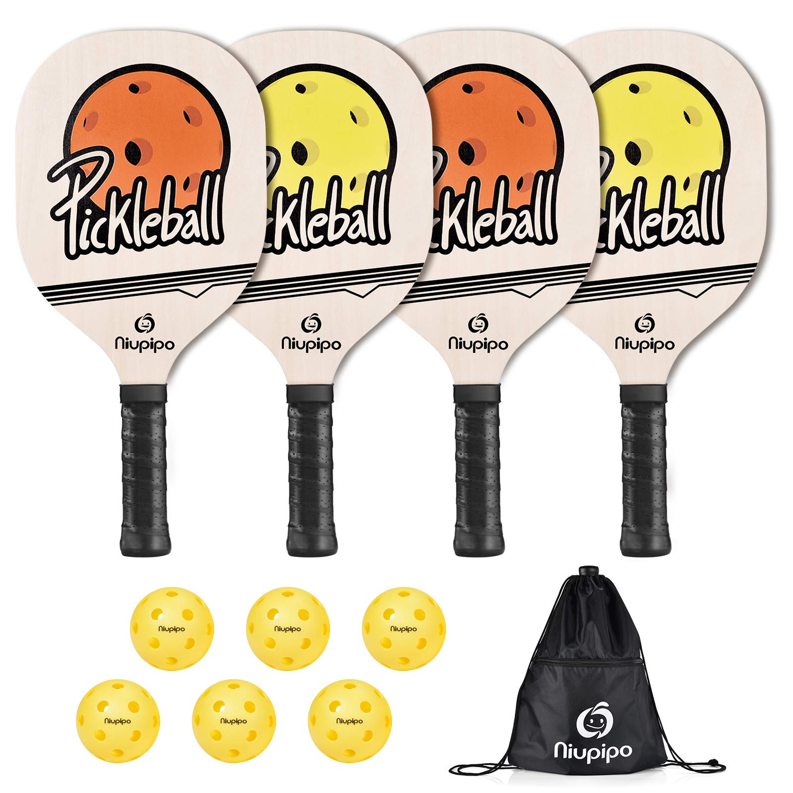 Wood Pickleball Paddles 4 Pack, Wooden Pickleball Set with 1 Carry Bag and 6 Balls, 7-ply Basswood, Pickleball Rackets with Ergonomic Cushion Grip, Pickleball Rackets, Yellow and Orange