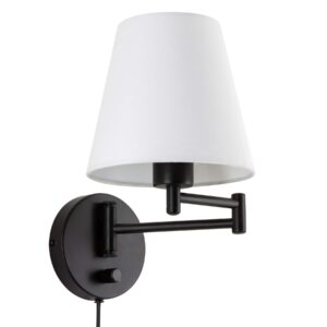 vonluce modern swing arm wall mount light plug in, corded wall lamps with white fabric shade, black metal adjustable wall sconce, wall mount lamp for bedroom, living room, bedside