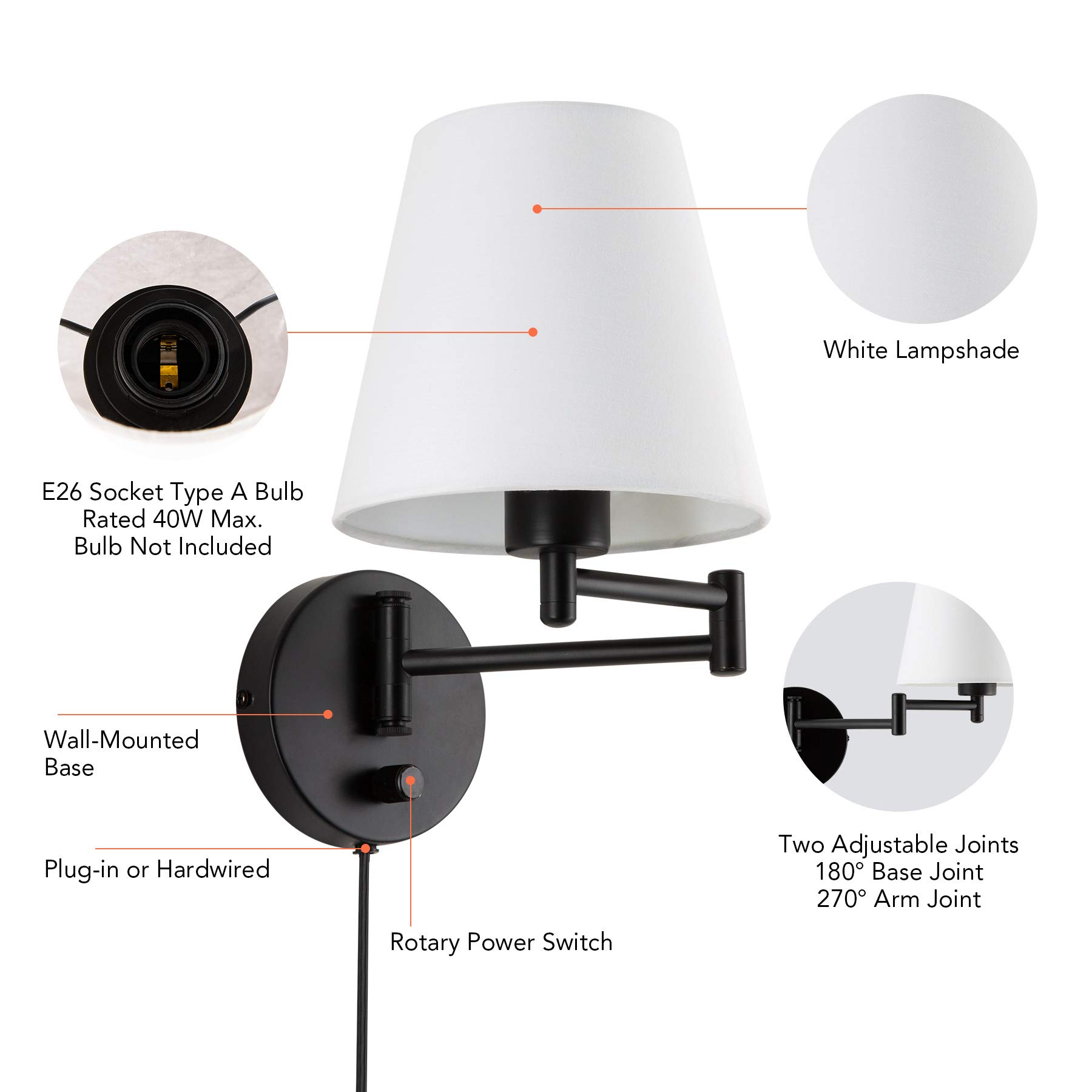 VONLUCE Modern Swing Arm Wall Mount Light Plug in, Corded Wall Lamps with White Fabric Shade, Black Metal Adjustable Wall Sconce, Wall Mount Lamp for Bedroom, Living Room, Bedside