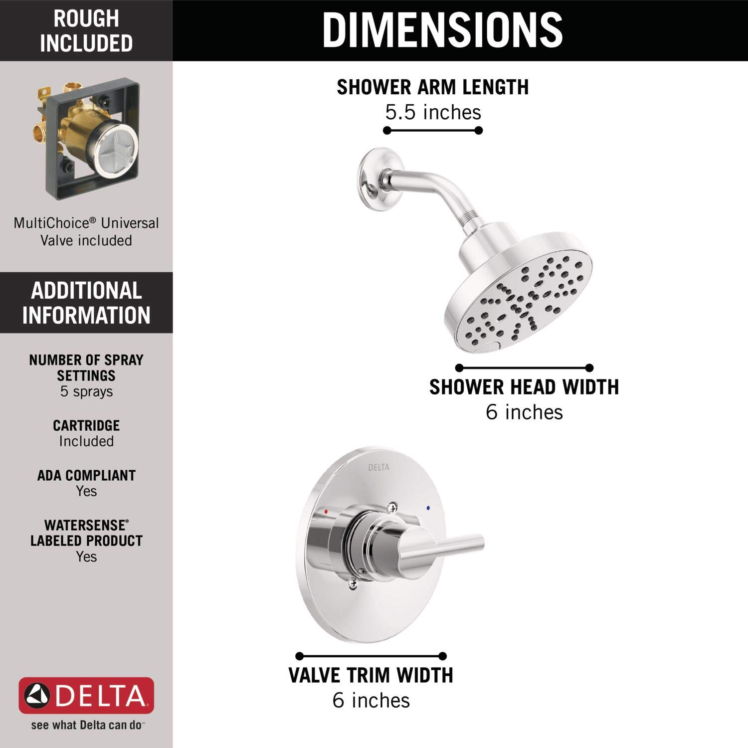 Delta Faucet Nicoli 14 Series Single-Handle Shower Faucet, Shower Trim Kit with 5-Spray H2Okinetic Shower Head, Chrome 142749 (Shower Valve Included)