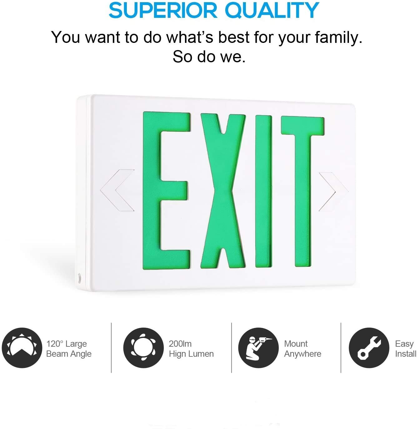 EXITLUX 2 Pack Green Led Emergency Exit Lights with Battery Backup-UL Listed 120/227VAC Double Face- Exit Sign with Emergency Lights-Plug in Emergency Battery Exit Lights.