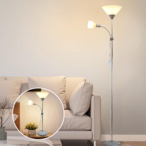 dinglilighting led floor lamp dllt mother-daughter floor lamps with reading lights, modern standing pole light, torchiere free standing lamp for living room, bedroom, office (silver)