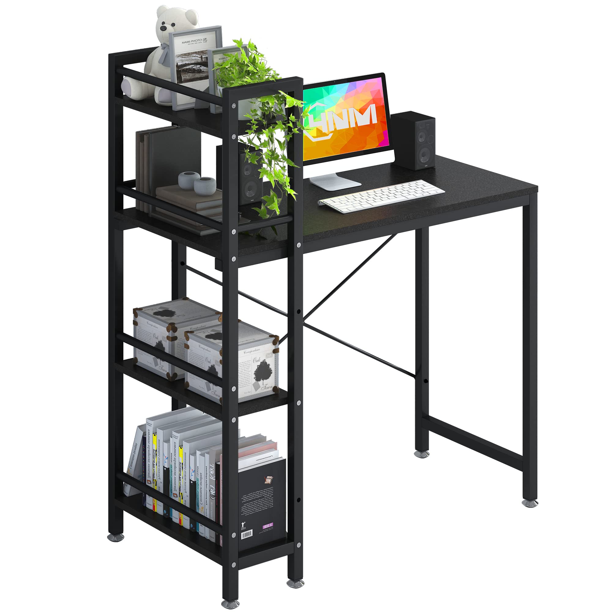 4NM 47" Computer Desk with 4-Tier Bookshelf, Home Office Desk Writing Workstation Study Table Multipurpose for Small Space Work - Natural and White