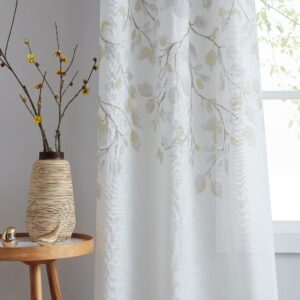 yellow leaf floral print metallic sheer window curtain panel autumn fall leaves sparkling decorative 6 grommets top drapes for rustic living room bedroom farmhouse curtains, gold, 40"x95"x2