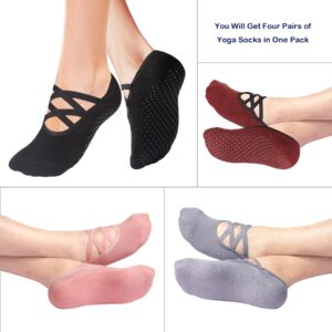 Cooque Yoga Socks Non Skid with Grips Barre Pilates Socks for Women Girls (Pink,Grey,Black,Wine red-01)