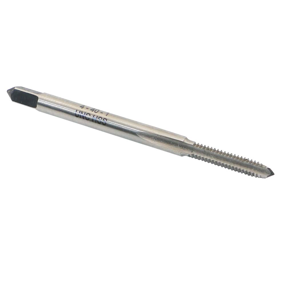 Machine Tap 4-40 UNC Thread Pitch 3 Flutes, High Speed Steel Thread Forming Pointed Tap, Right Hand, Uncoated (Bright) Finish, Round Shank with Square End, Plug Chamfer, HSS Machine Screw Plug Tap