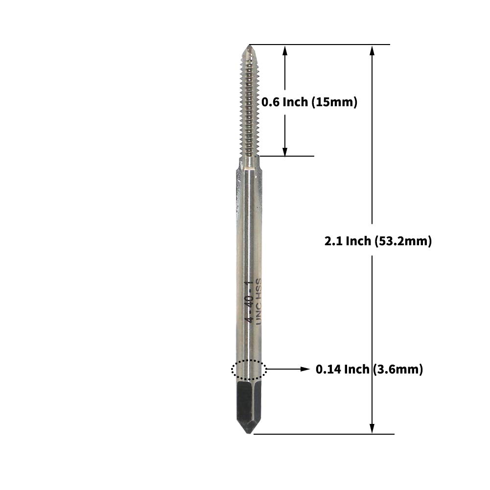 Machine Tap 4-40 UNC Thread Pitch 3 Flutes, High Speed Steel Thread Forming Pointed Tap, Right Hand, Uncoated (Bright) Finish, Round Shank with Square End, Plug Chamfer, HSS Machine Screw Plug Tap