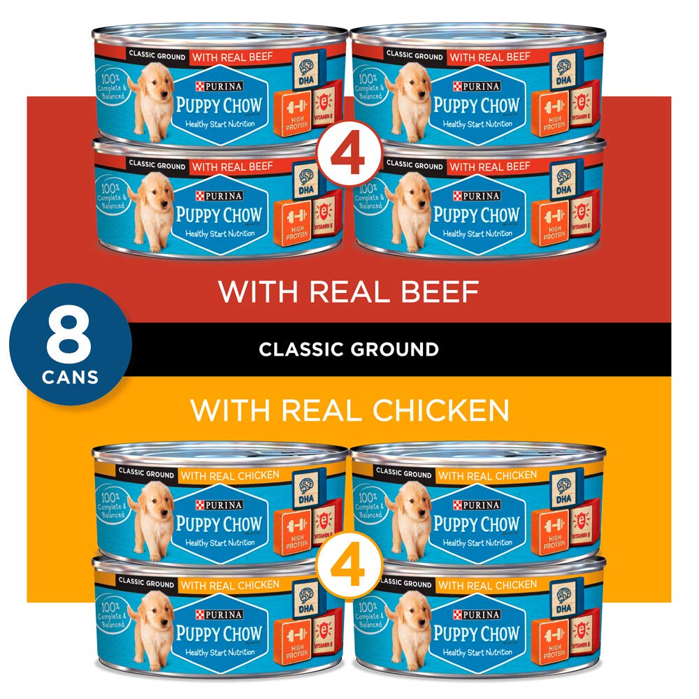 Puppy Chow Purina (8) Cans Healthy Start Nutrition 4-Real Chicken,4-Real Beef .Total 8-5.5 OZ Cans