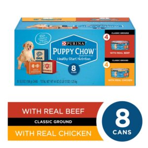 Puppy Chow Purina (8) Cans Healthy Start Nutrition 4-Real Chicken,4-Real Beef .Total 8-5.5 OZ Cans