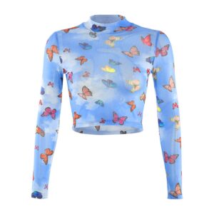 wytong womens summer casual tops long sleeve turtleneck mesh butterfly print sexy blouse t-shirt(blue,s)