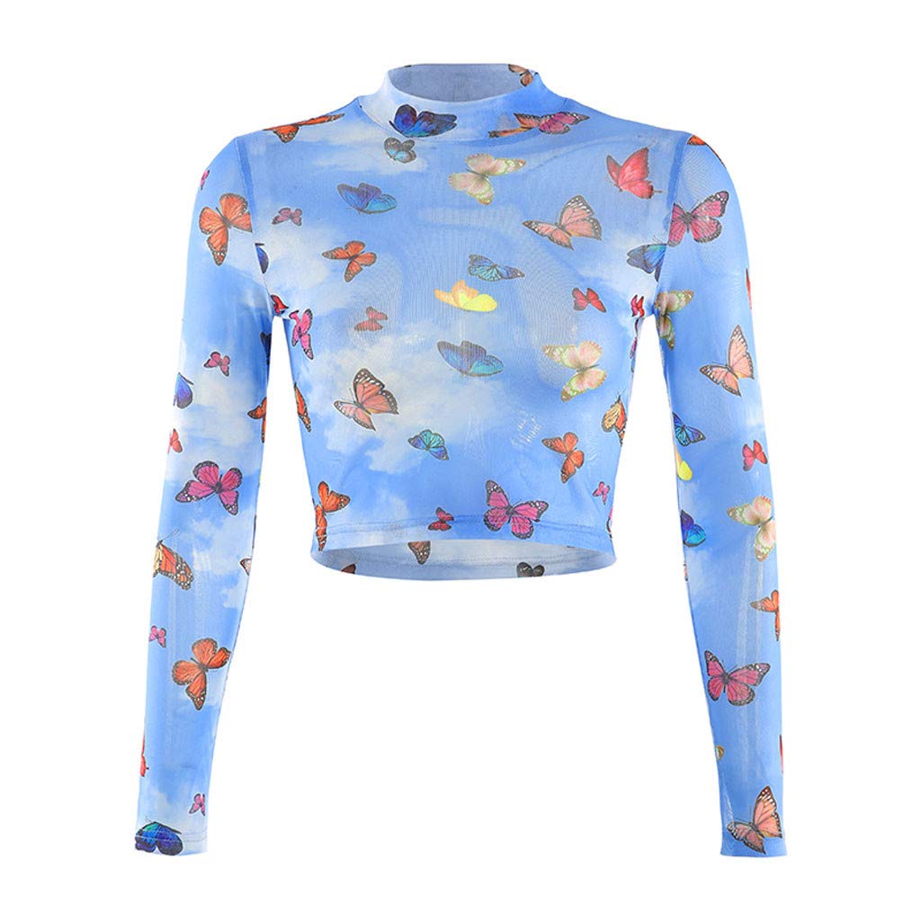 WYTong Womens Summer Casual Tops Long Sleeve Turtleneck Mesh Butterfly Print Sexy Blouse T-shirt(Blue,S)