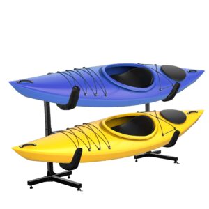 raxgo freestanding kayak storage rack, heavy duty storage for two-kayak, sup, canoe & paddleboard for indoor, outdoor, garage, shed, or dock, adjustable height