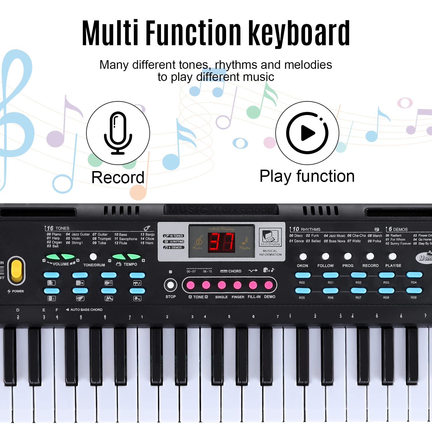 61-Key Electric Keyboard Piano, Portable Piano Keyboard with Music Stand, Microphone, Full-Size, Built-in Speakers, Dual Power Supply, Music Digital Piano for Beginners Kids Adult