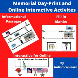 memorial day symbol based activities for visual learners, print and online classroom versions