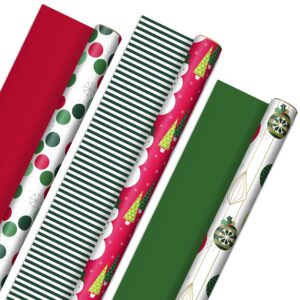 hallmark reversible christmas paper (3 rolls: 120 sq ft ttl) retro ornaments, stripes gift wrap, tri-pack, elevated geometric