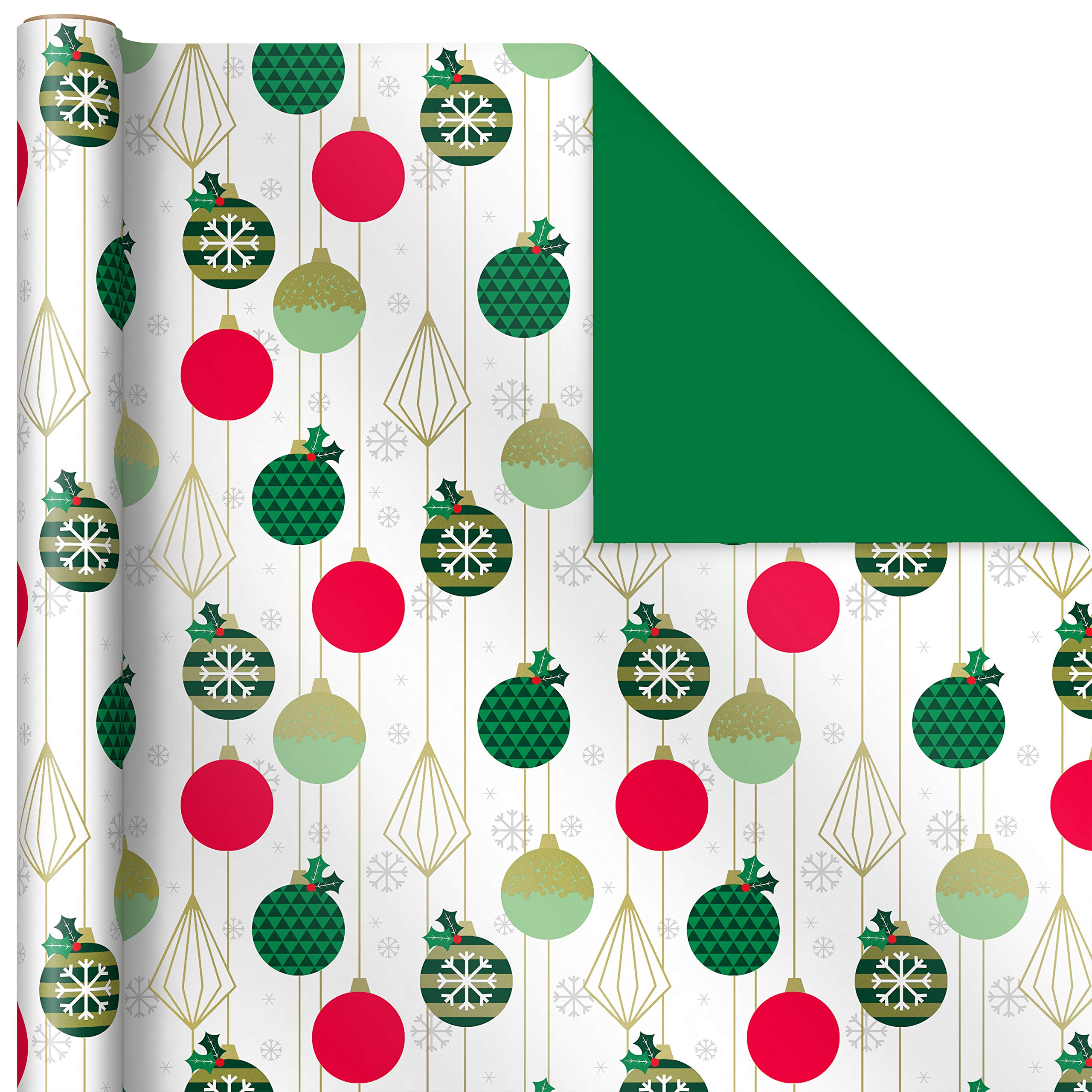 Hallmark Reversible Christmas Paper (3 Rolls: 120 sq ft TTL) Retro Ornaments, Stripes Gift Wrap, Tri-Pack, Elevated Geometric