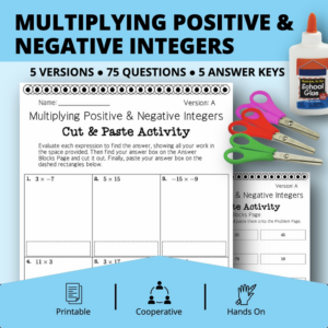 multiplying positive & negative integers cut & paste activity