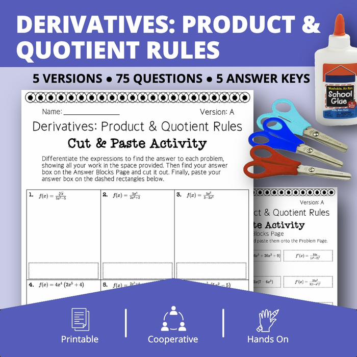 Calculus Derivatives: Product and Quotient Rules Cut & Paste Activity