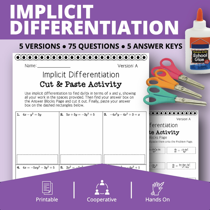 Calculus Derivatives: Implicit Differentiation Math Cut & Paste Activity