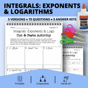 calculus integrals: exponents and logs cut & paste activity