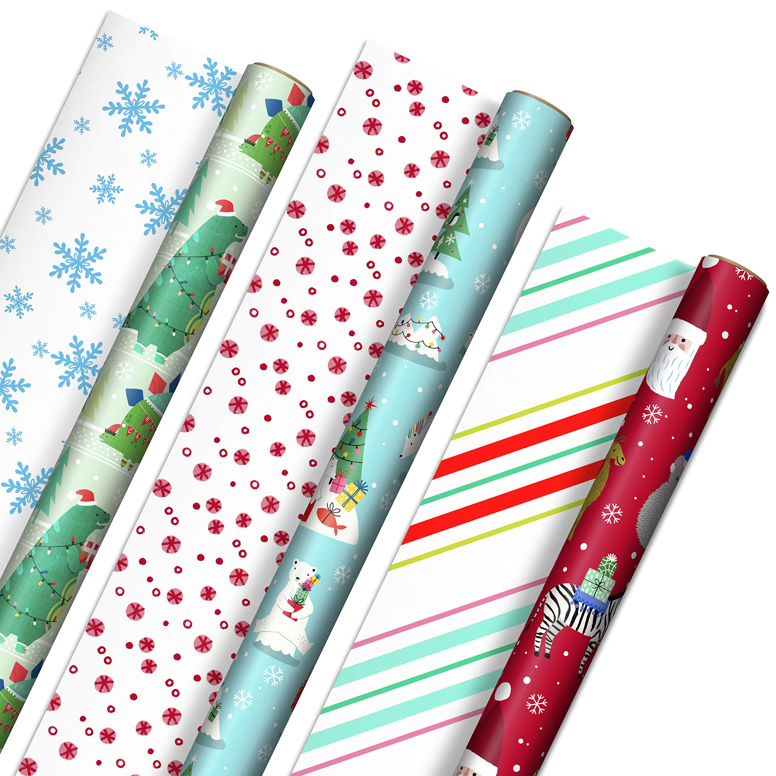 Hallmark Trendy Reversible Christmas Wrapping Paper for Kids (3 Rolls: 120 sq. ft. ttl) Dinosaurs, Koalas, Polar Bears, Penguins, Camels, Zebras, Stripes