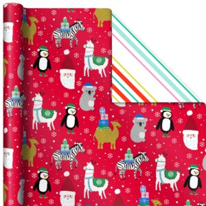 Hallmark Trendy Reversible Christmas Wrapping Paper for Kids (3 Rolls: 120 sq. ft. ttl) Dinosaurs, Koalas, Polar Bears, Penguins, Camels, Zebras, Stripes