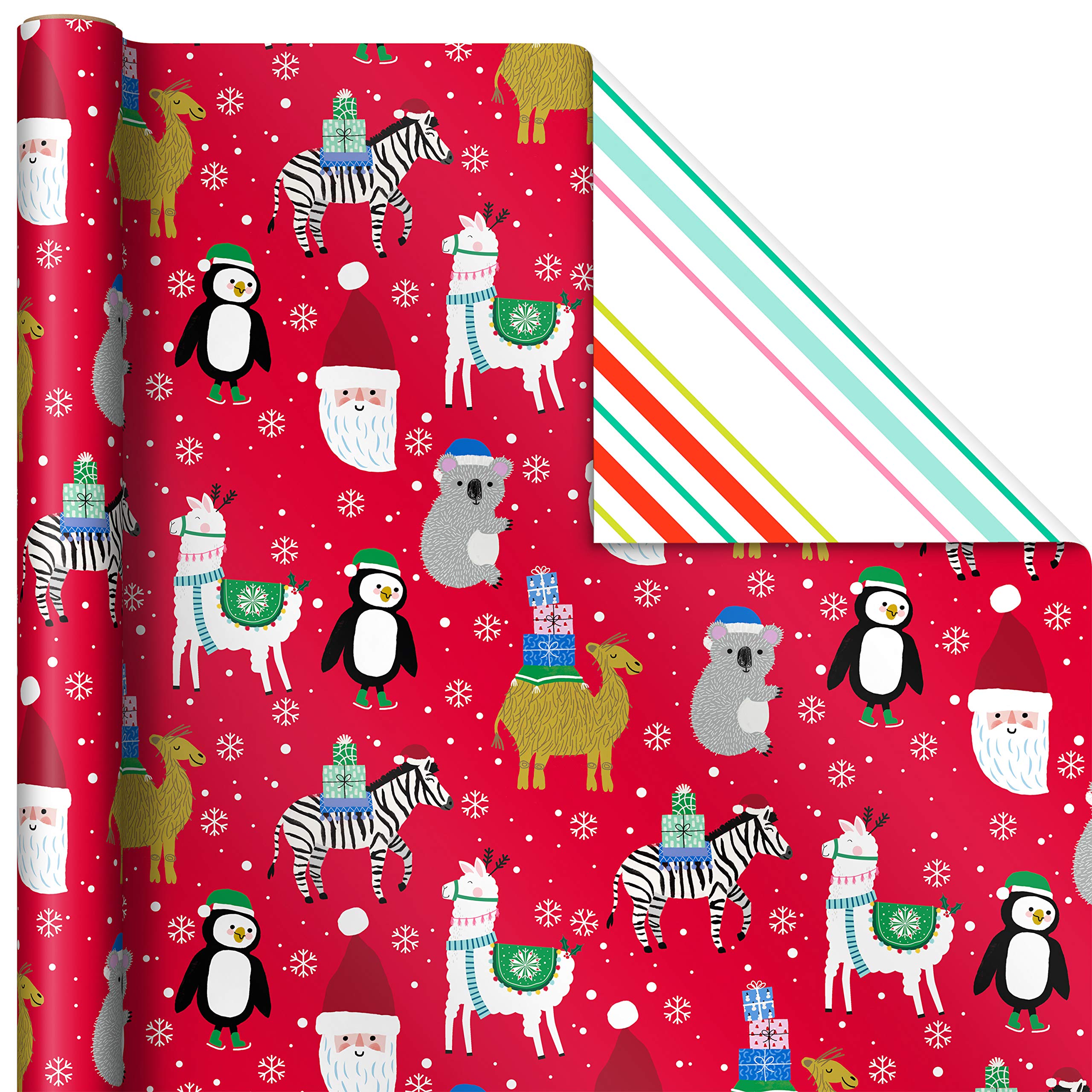 Hallmark Trendy Reversible Christmas Wrapping Paper for Kids (3 Rolls: 120 sq. ft. ttl) Dinosaurs, Koalas, Polar Bears, Penguins, Camels, Zebras, Stripes