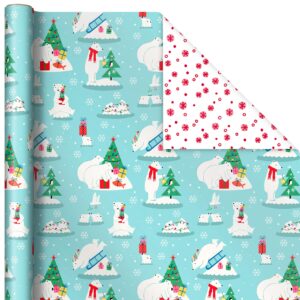 Hallmark Trendy Reversible Christmas Wrapping Paper for Kids (3 Rolls: 120 sq. ft. ttl) Dinosaurs, Koalas, Polar Bears, Penguins, Camels, Zebras, Stripes