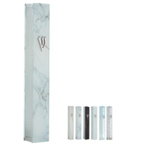 a&s mezuzot modern glass mezuzah case in shatterd glass design waterproof judiaca door mezuzah home blessing and protection cover (white marble, 7 inches)