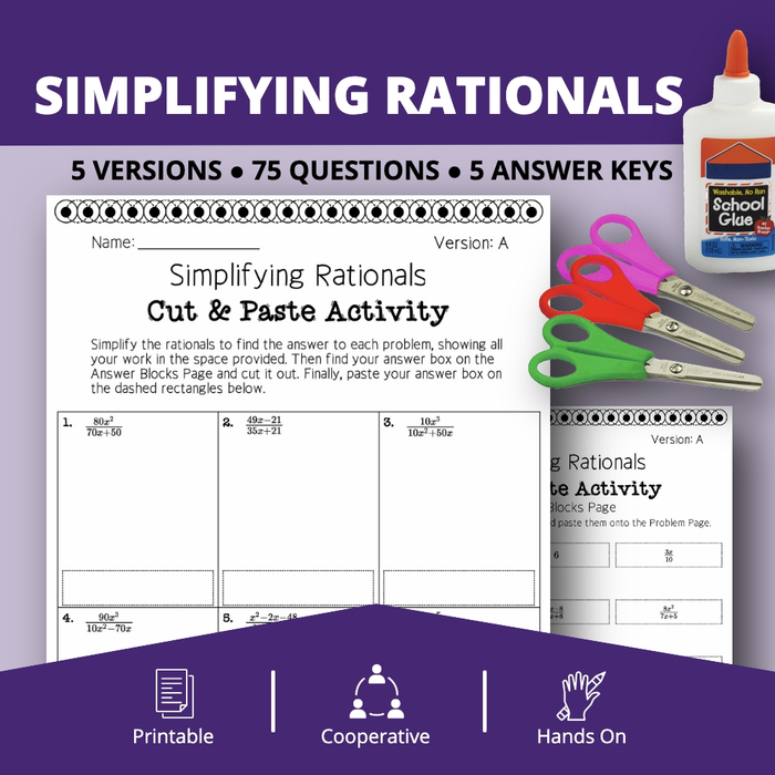 Algebra: Simplifying Rational Expressions Cut & Paste Activity