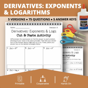 calculus derivatives: exponents and logs cut & paste activity