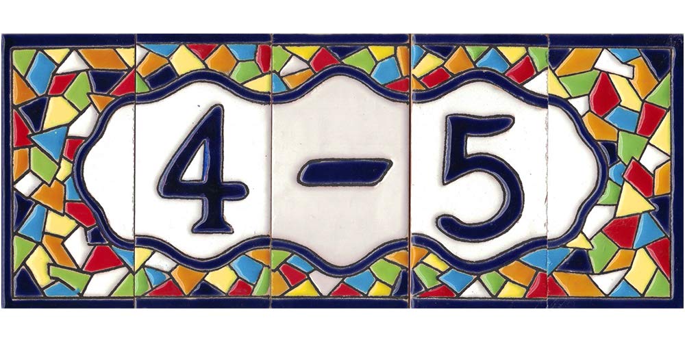 Toro del Oro - House Number - Number for House, Glazed Ceramic, Hand Painted Spanish Technique Cuerda Seca, Names and Addresses, Mosaic Pattern 5.5 x 10.5 cm (5)