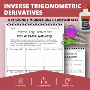 calculus derivatives: inverse trigonometric cut & paste activity