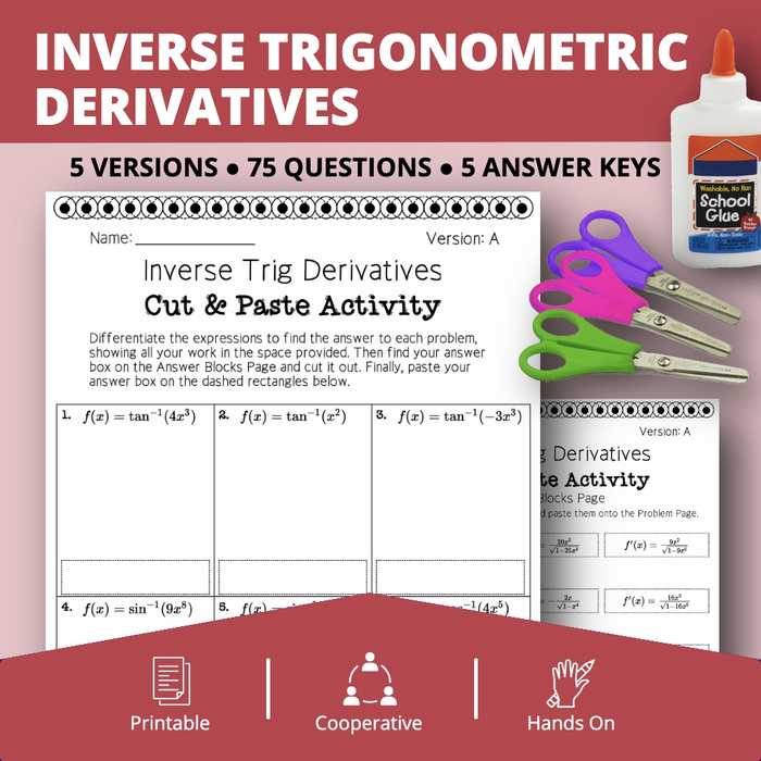 Calculus Derivatives: Inverse Trigonometric Cut & Paste Activity