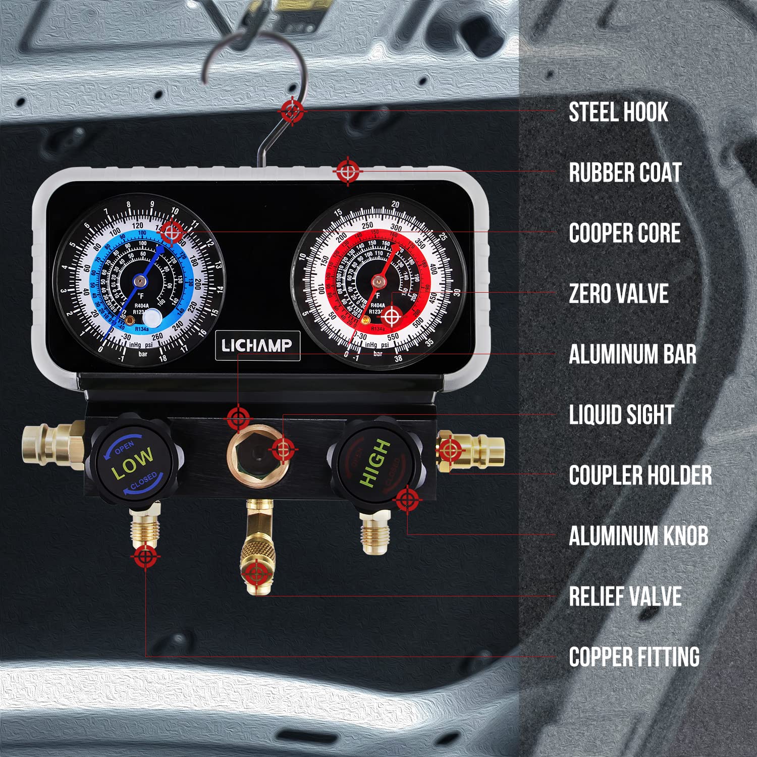 Lichamp AC R1234YF R134A Gauge Set, Automotive Manifold Gauge Compatible with R1234YF R134A and R404A Refrigerants, Works on Car Freon Charging and Evacuation