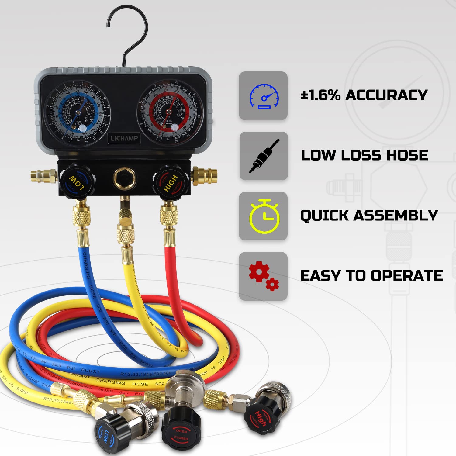 Lichamp AC R1234YF R134A Gauge Set, Automotive Manifold Gauge Compatible with R1234YF R134A and R404A Refrigerants, Works on Car Freon Charging and Evacuation