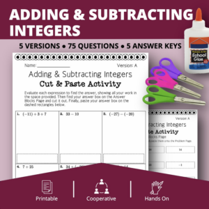 adding and subtracting positive and negative integers cut & paste activity