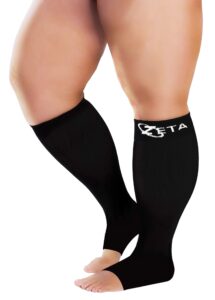 zeta wear plus size open toe leg sleeve support socks - wide calf compression open toe socks men and women amazing fit, travel, flight socks, compression & soothing relief, 1 pair, size 3xl, black